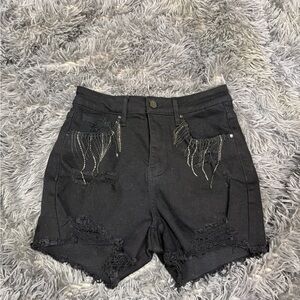 High-Waisted Black Jean Shorts with Frayed Hem